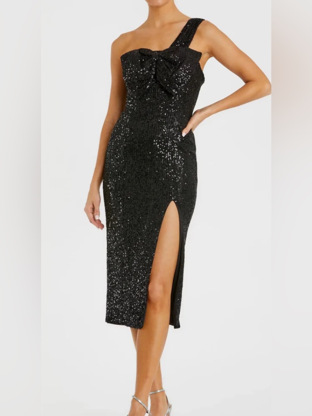 NWT Mac Duggal Midi Asymmetrical One Shoulder Sequin Black Dress Size 2 BLK